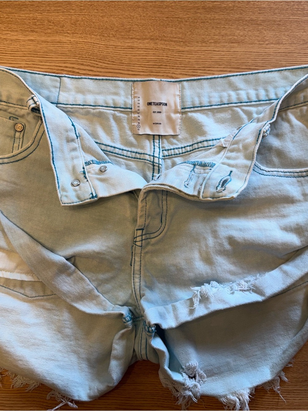 One Teaspoon Light Blue Distressed Boyfriend Denim Shorts